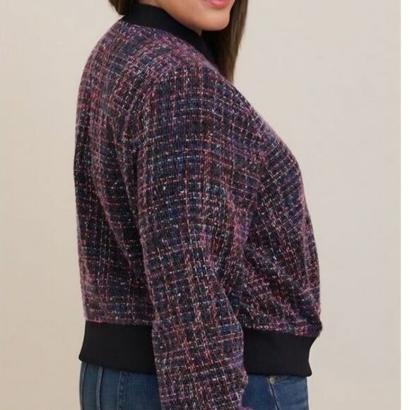 NWT Multicolored Tweed Varsity Bomber Jacket | Black Trim Snap Front Size 3 - Picture 3 of 3